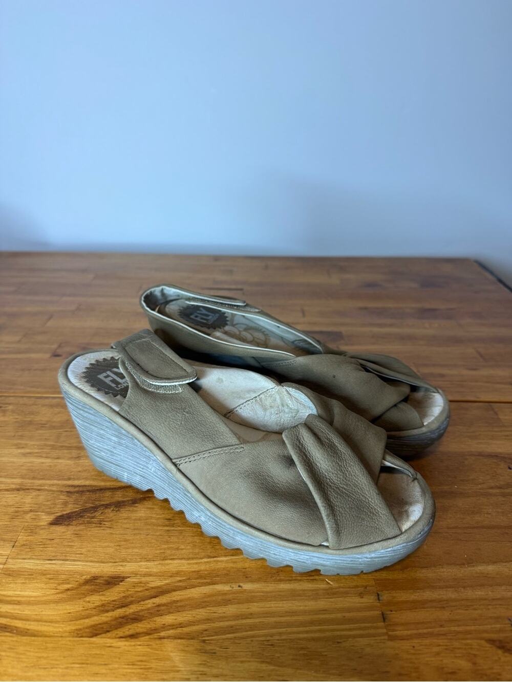 Fly London Yakin Tan Nubuck Leather Slingback Wedge Sandals Size 38